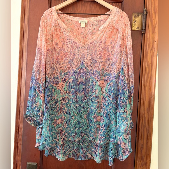 Lucky Brand Tops - SOLD Lucky Brand Peacock Scales Pattern Sheer High-Low Boho Tunic Blouse Size 2X